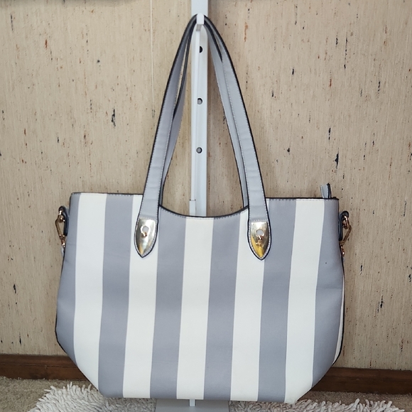 Gray and White Striped Tote with Gold Accents - Picture 1 of 5